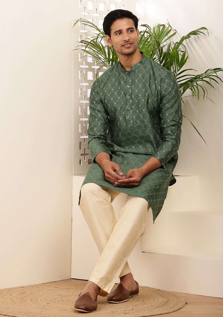 Dark Green Embroidered Cotton Kurta For Men - Indya