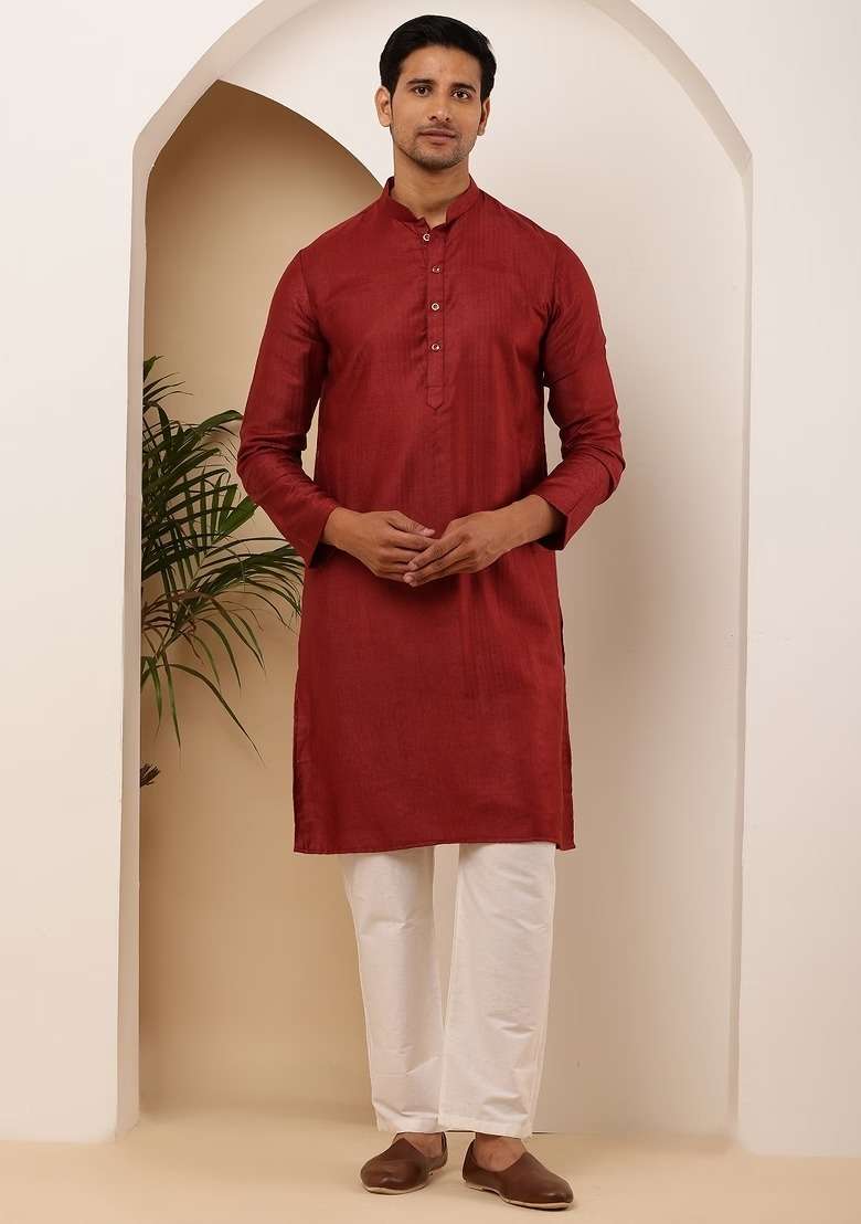 Maroon Embroidered Viscose Kurta For Men - Indya