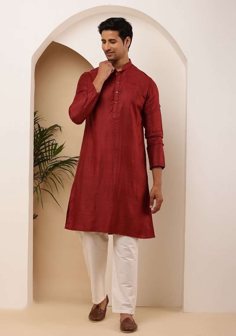 Maroon Embroidered Viscose Kurta For Men - Indya