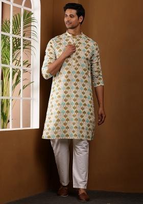 Cream Embroidered Viscose Kurta For Men