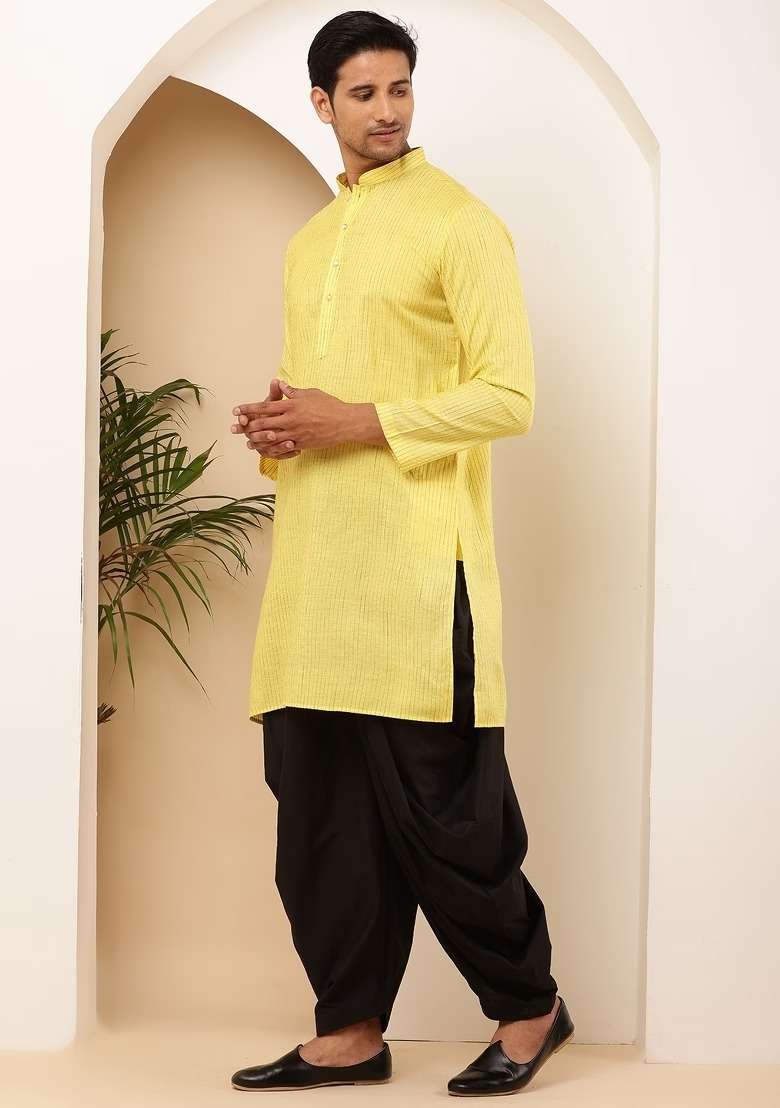 Bright Yellow Embroidered Viscose Kurta For Men - Indya