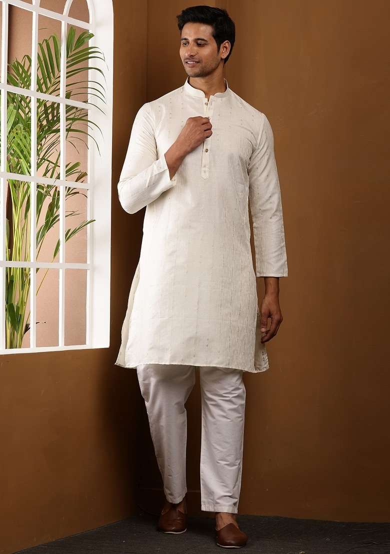 Soft White Embroidered Viscose Kurta For Men - Indya