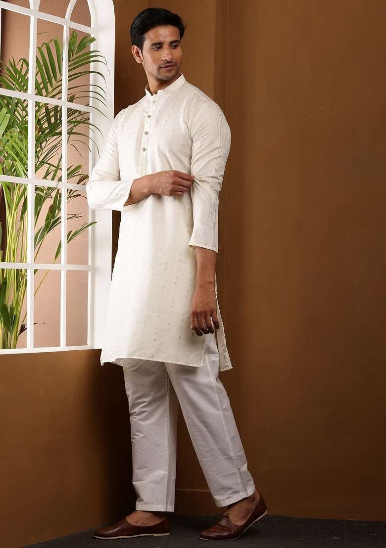 Soft White Embroidered Viscose Kurta For Men - Indya