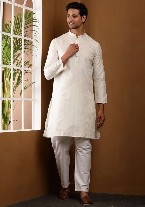 Soft White Embroidered Viscose Kurta For Men