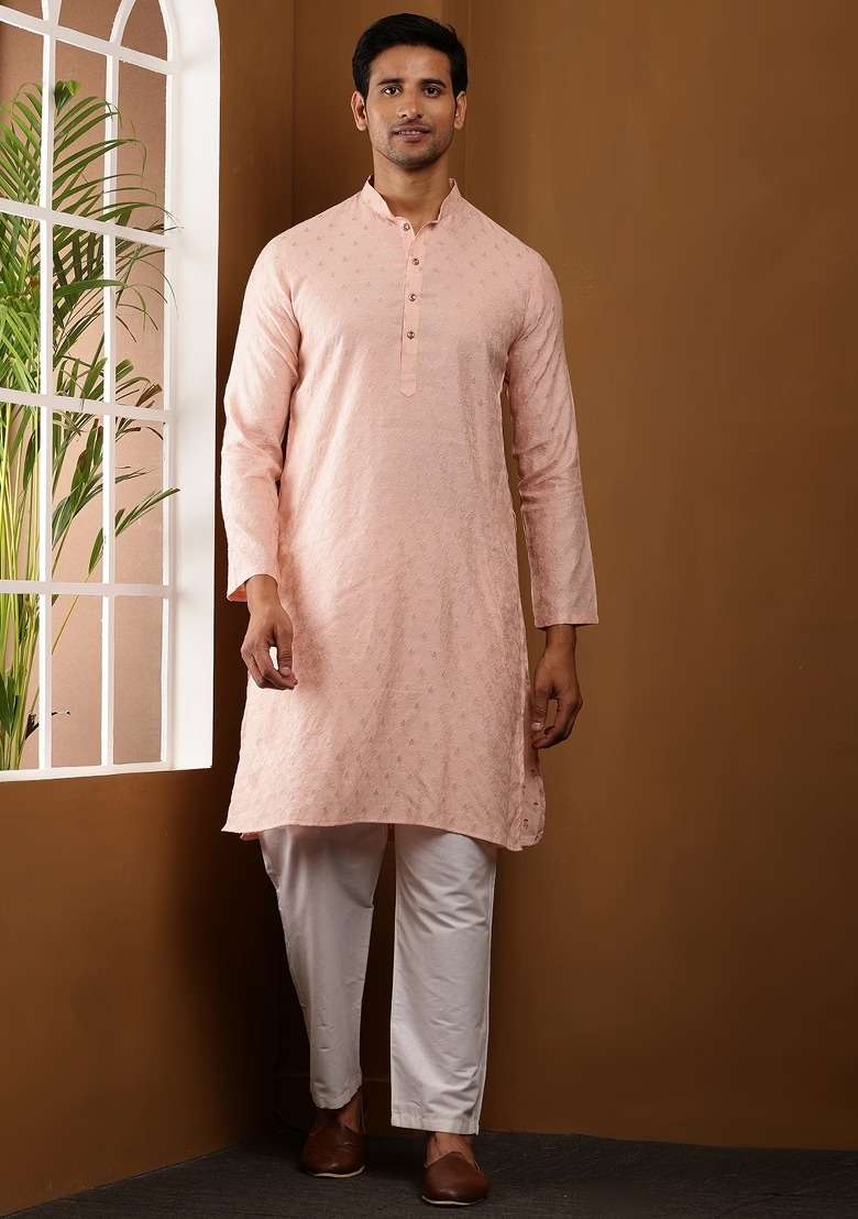 Salmon Peach Embroidered Viscose Kurta For Men - Indya