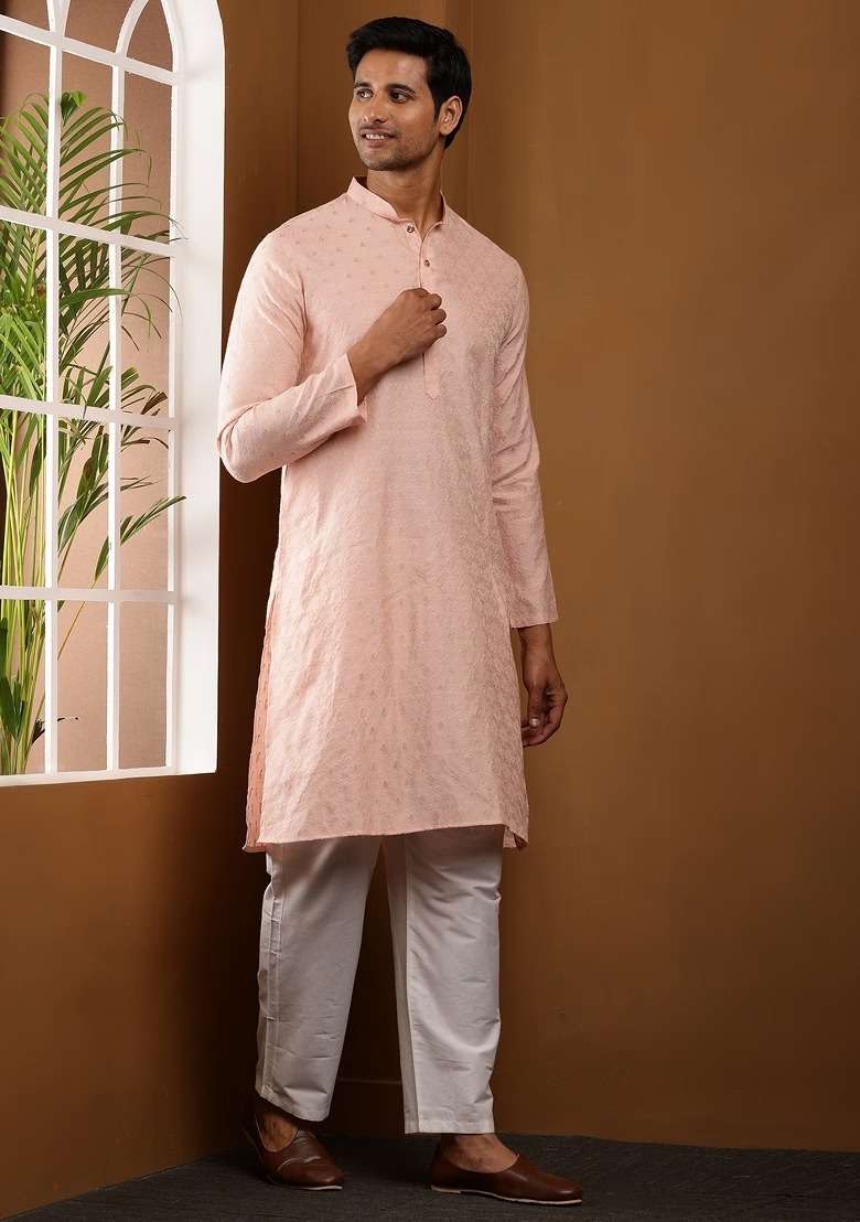 Salmon Peach Embroidered Viscose Kurta For Men - Indya