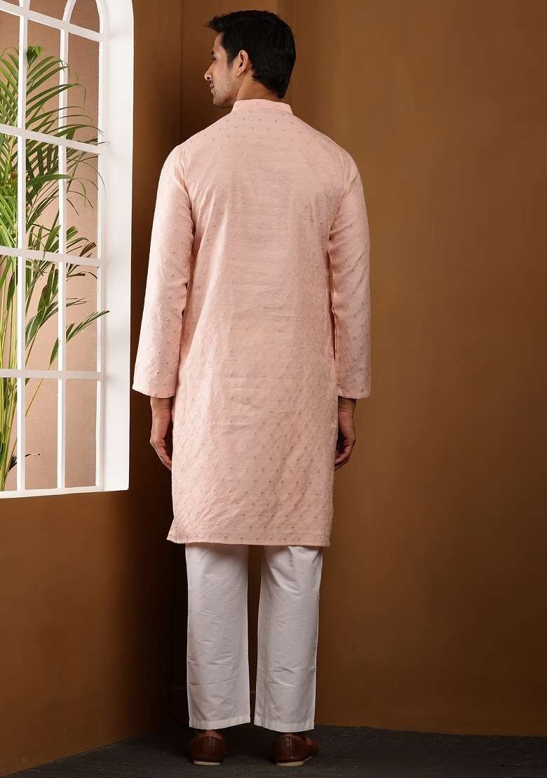 Salmon Peach Embroidered Viscose Kurta For Men - Indya
