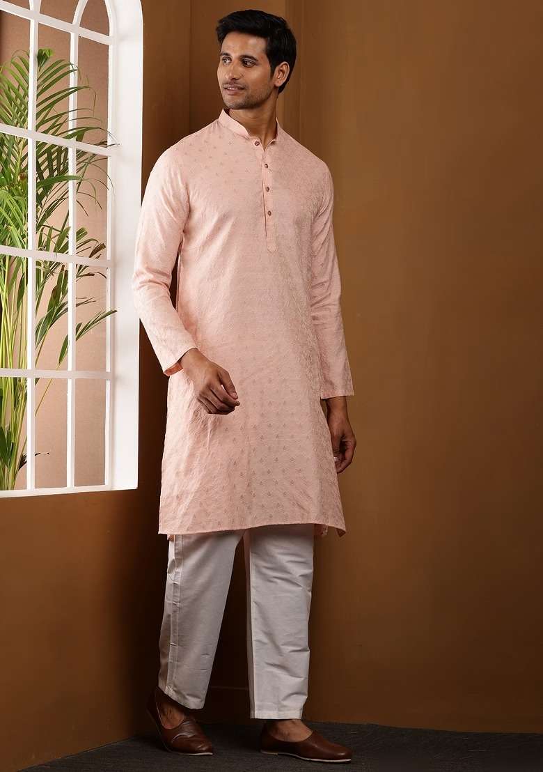 Salmon Peach Embroidered Viscose Kurta For Men - Indya