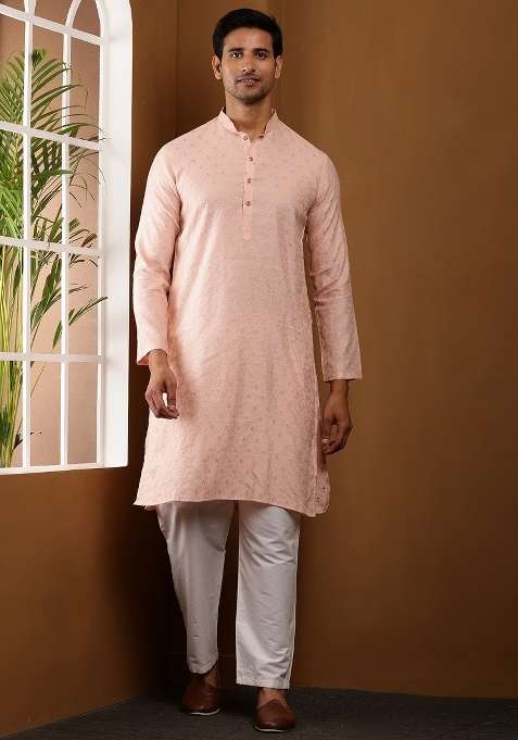 Salmon Peach Embroidered Viscose Kurta For Men