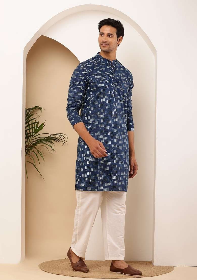 Navy Blue Embroidered Viscose Kurta For Men - Indya