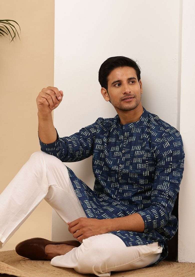 Navy Blue Embroidered Viscose Kurta For Men - Indya