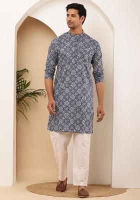 Steel Blue Embroidered Viscose Kurta For Men