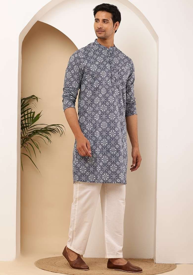 Steel Blue Embroidered Viscose Kurta For Men - Indya