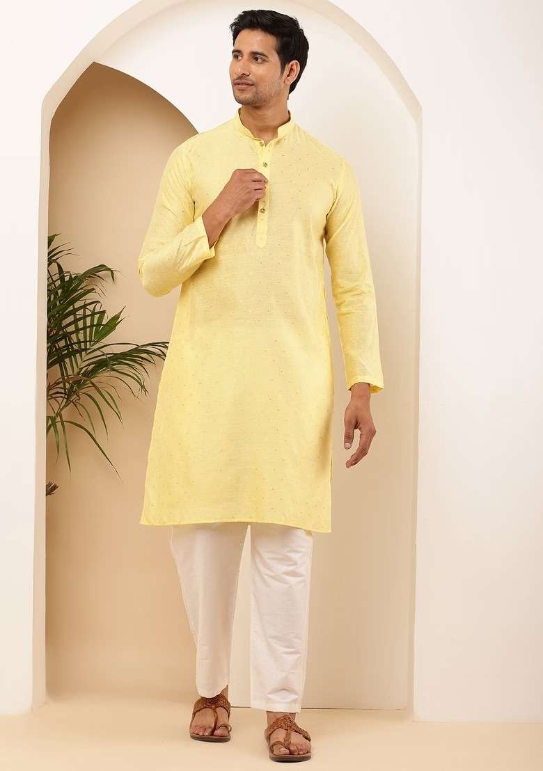 Light Yellow Embroidered Viscose Kurta For Men - Indya