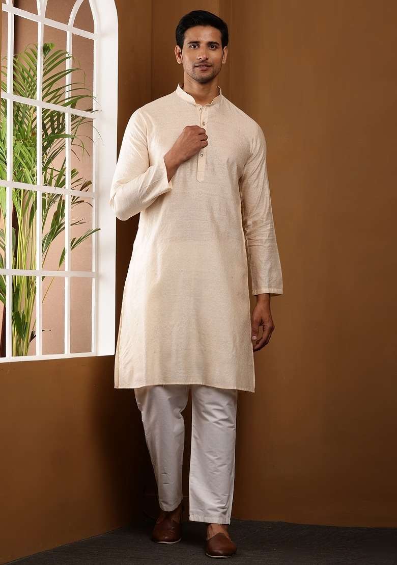 Offwhite Textured Cotton Kurta For Men - Indya