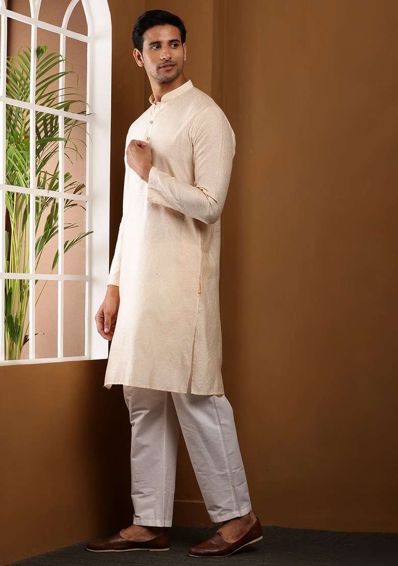 Offwhite Textured Cotton Kurta For Men - Indya