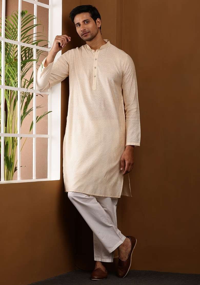 Offwhite Textured Cotton Kurta For Men - Indya