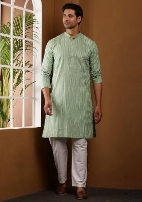 Green Printed Cotton Kurta Set For Men