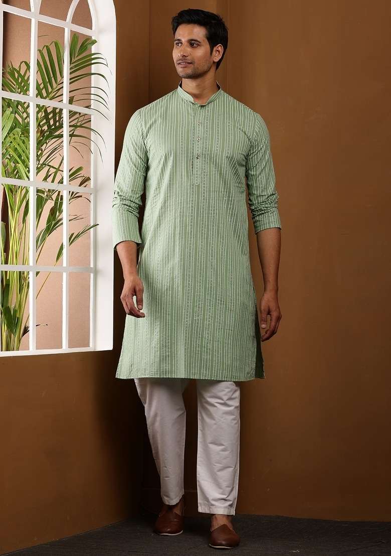Green Printed Cotton Kurta Set For Men - Indya