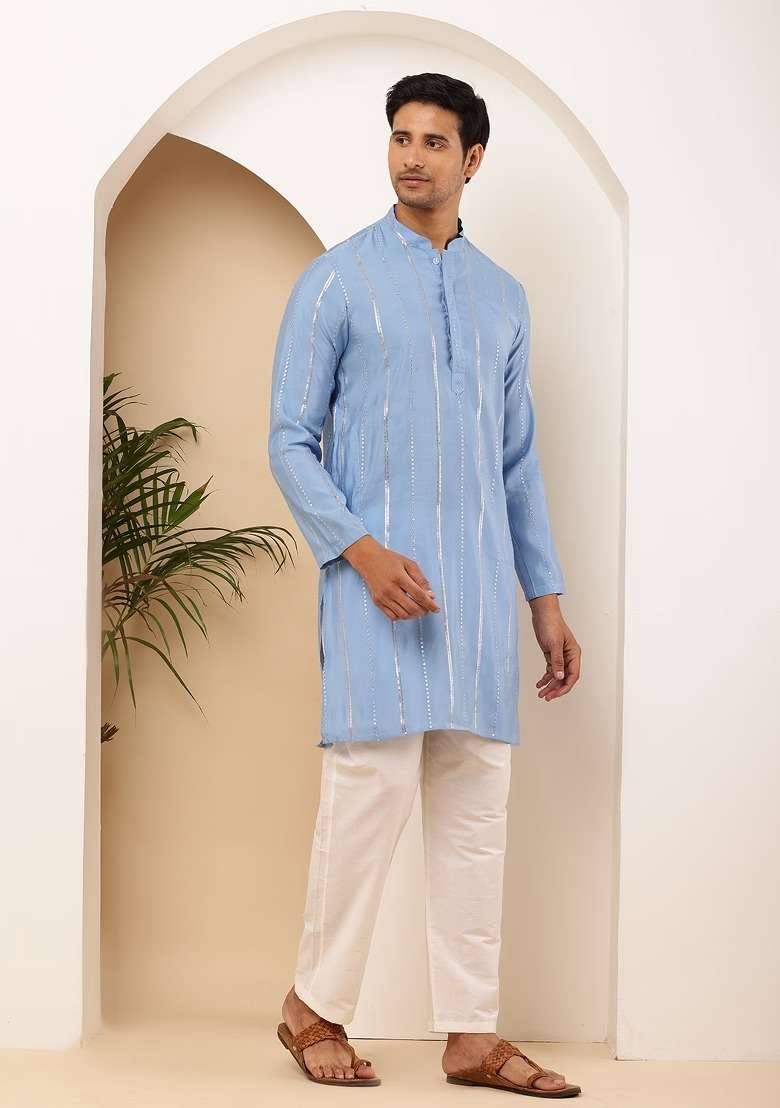 Blue Printed Cotton Kurta Set For Men - Indya