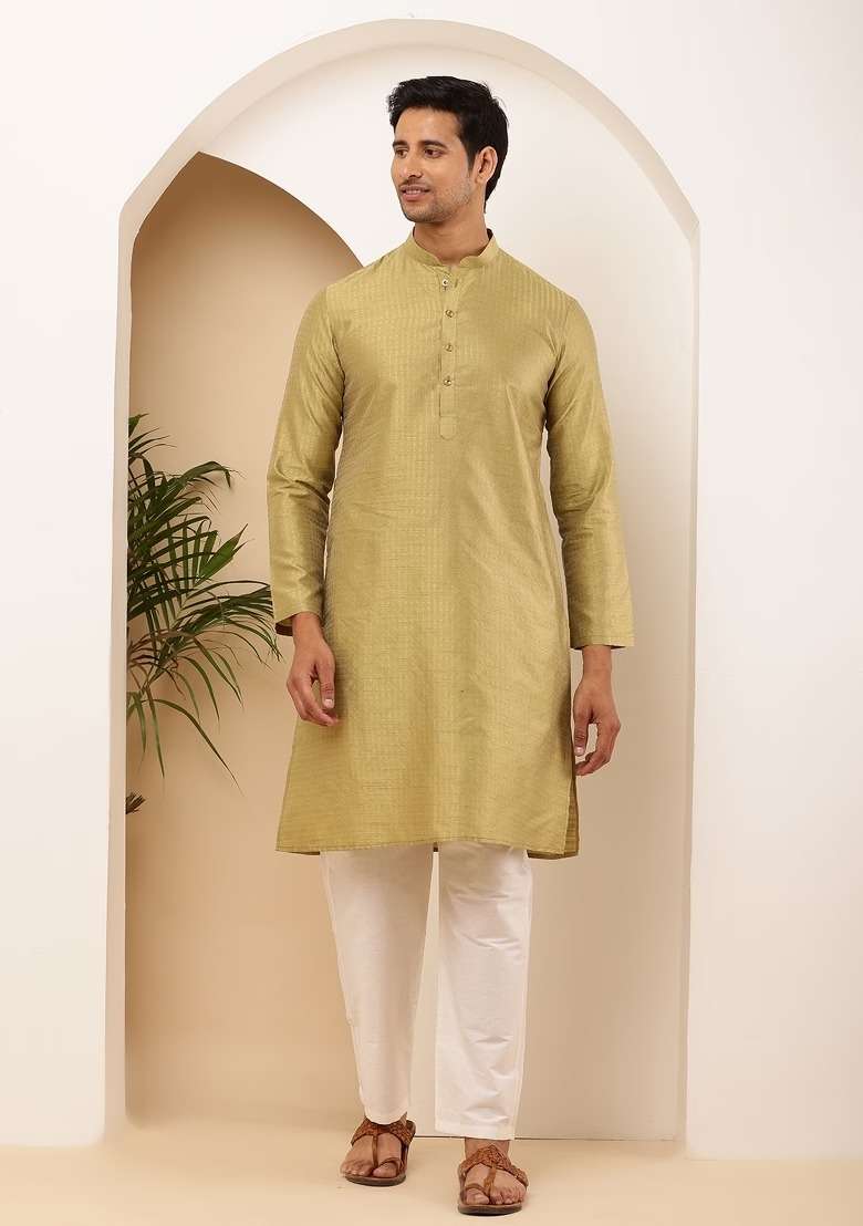 Green Embroidered Viscose Kurta Set For Men - Indya