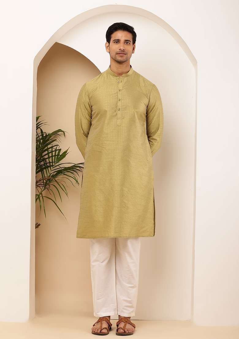 Green Embroidered Viscose Kurta Set For Men - Indya