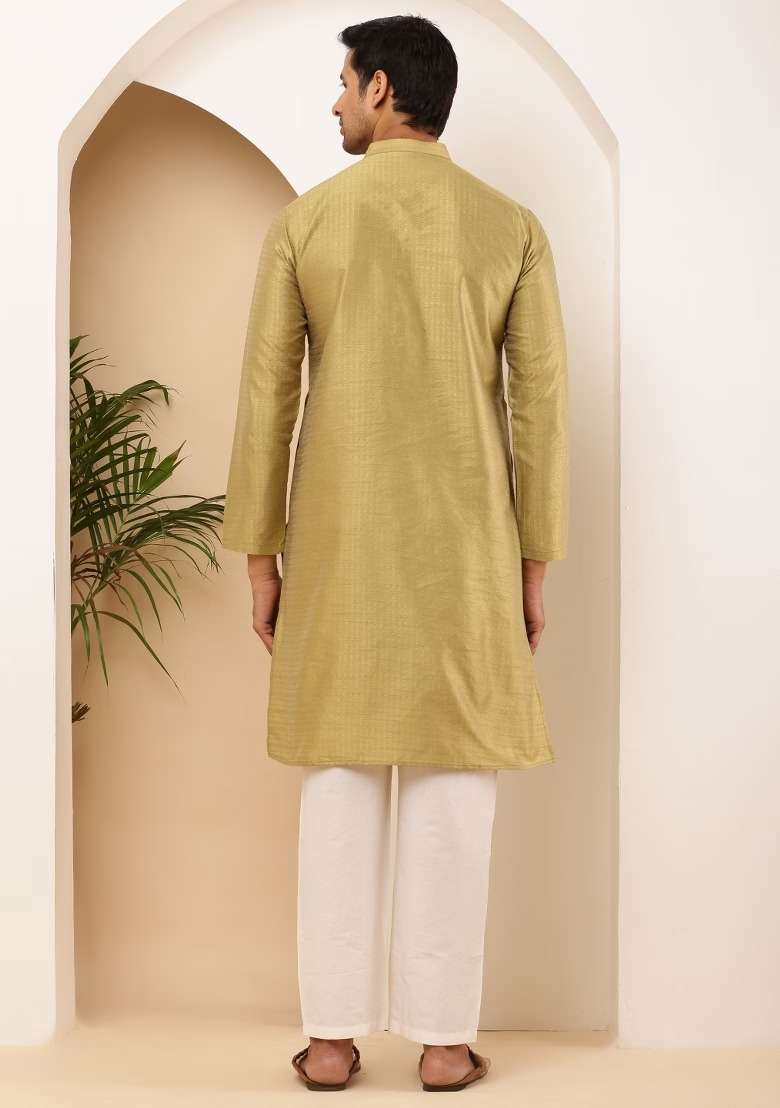 Green Embroidered Viscose Kurta Set For Men - Indya
