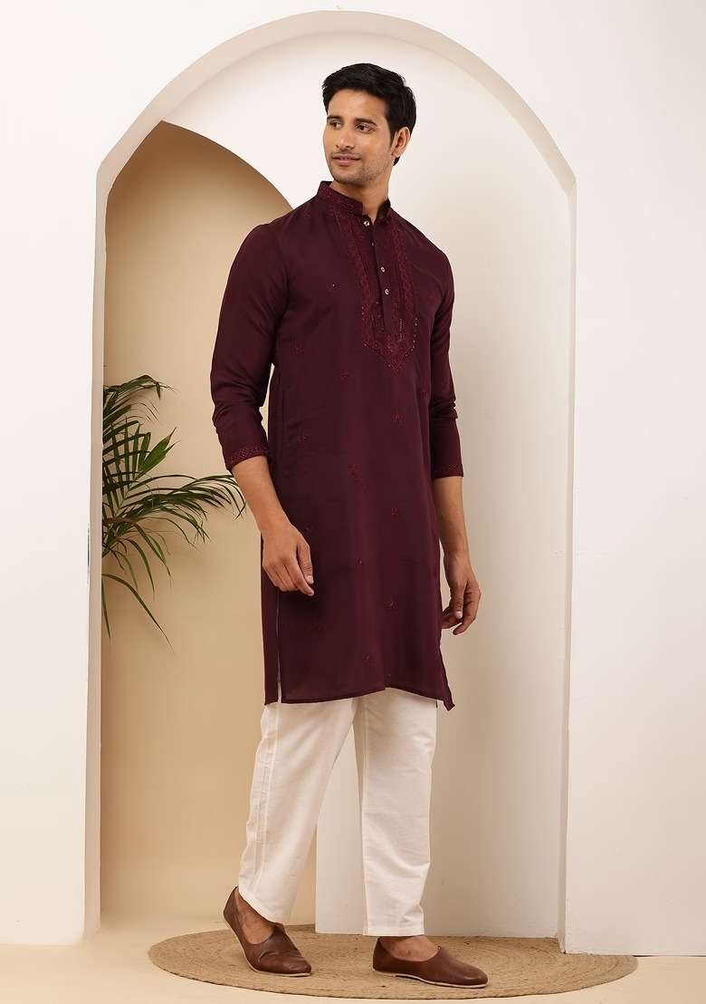 Maroon Embroidered Viscose Kurta Set For Men - Indya