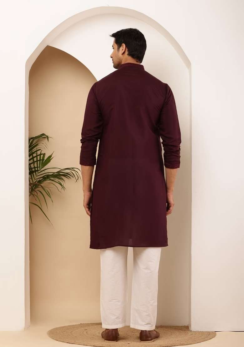Maroon Embroidered Viscose Kurta Set For Men - Indya