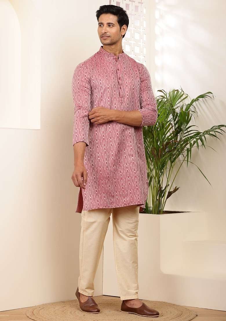 Pink Printed Viscose Kurta Set For Men - Indya