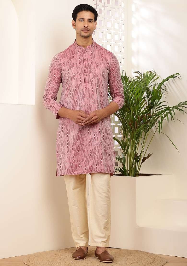 Pink Printed Viscose Kurta Set For Men - Indya