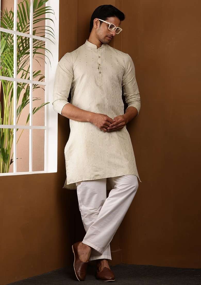 Beige Textured Viscose Kurta Set For Men - Indya