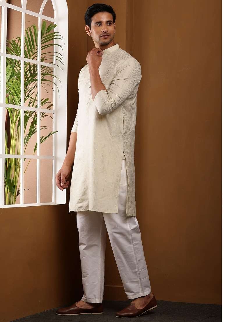 Beige Textured Viscose Kurta Set For Men - Indya