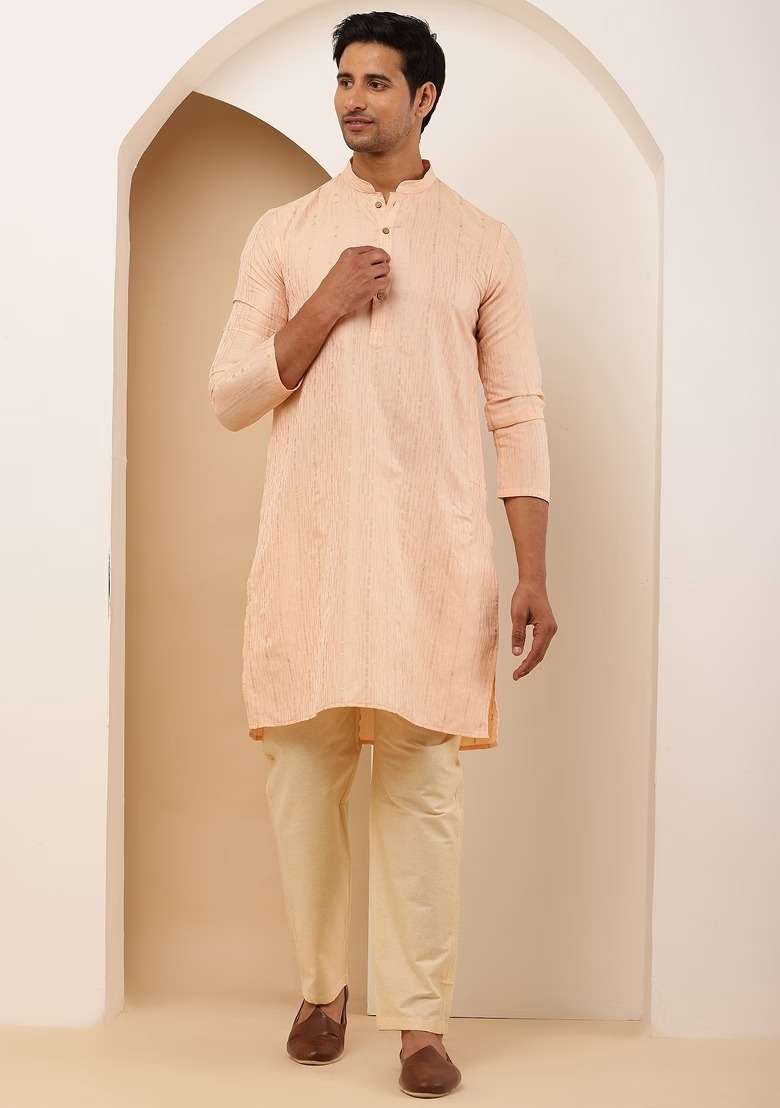 Peach Embroidered Viscose Kurta Set For Men - Indya