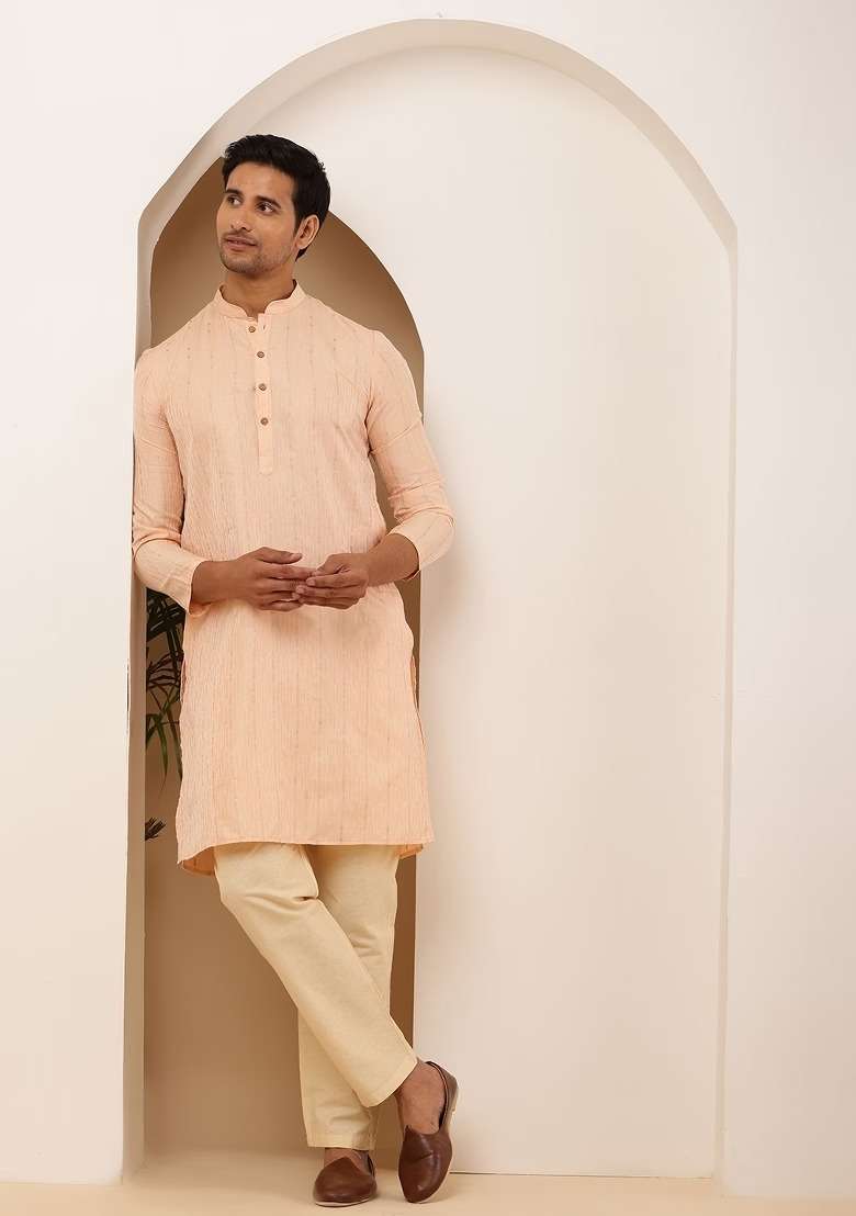 Peach Embroidered Viscose Kurta Set For Men - Indya