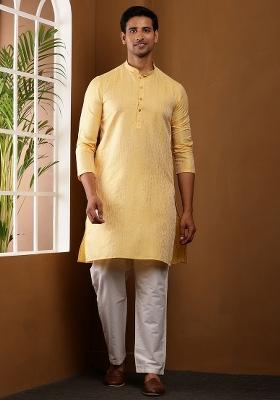 Yellow Embroidered Viscose Kurta Set For Men