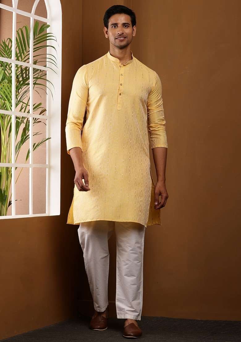 Yellow Embroidered Viscose Kurta Set For Men - Indya