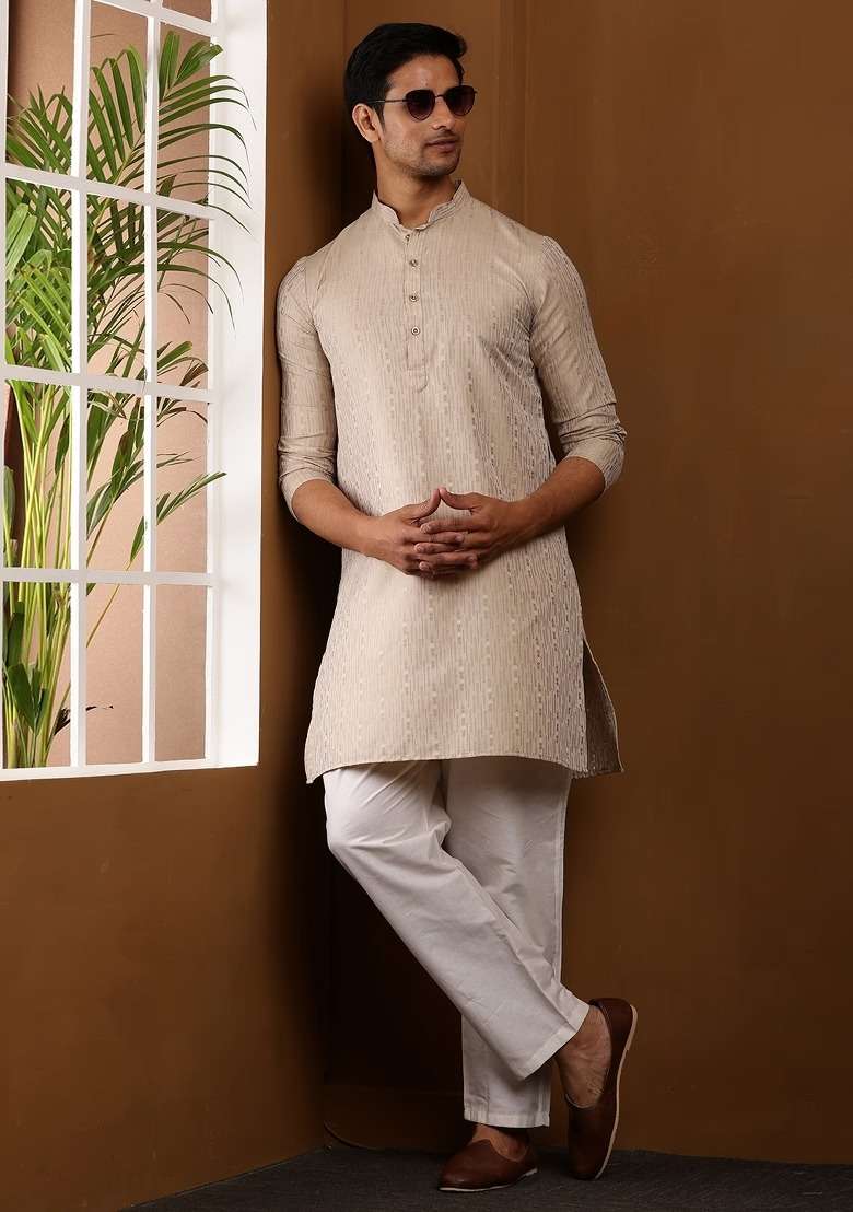 Beige Embroidered Viscose Kurta Set For Men - Indya