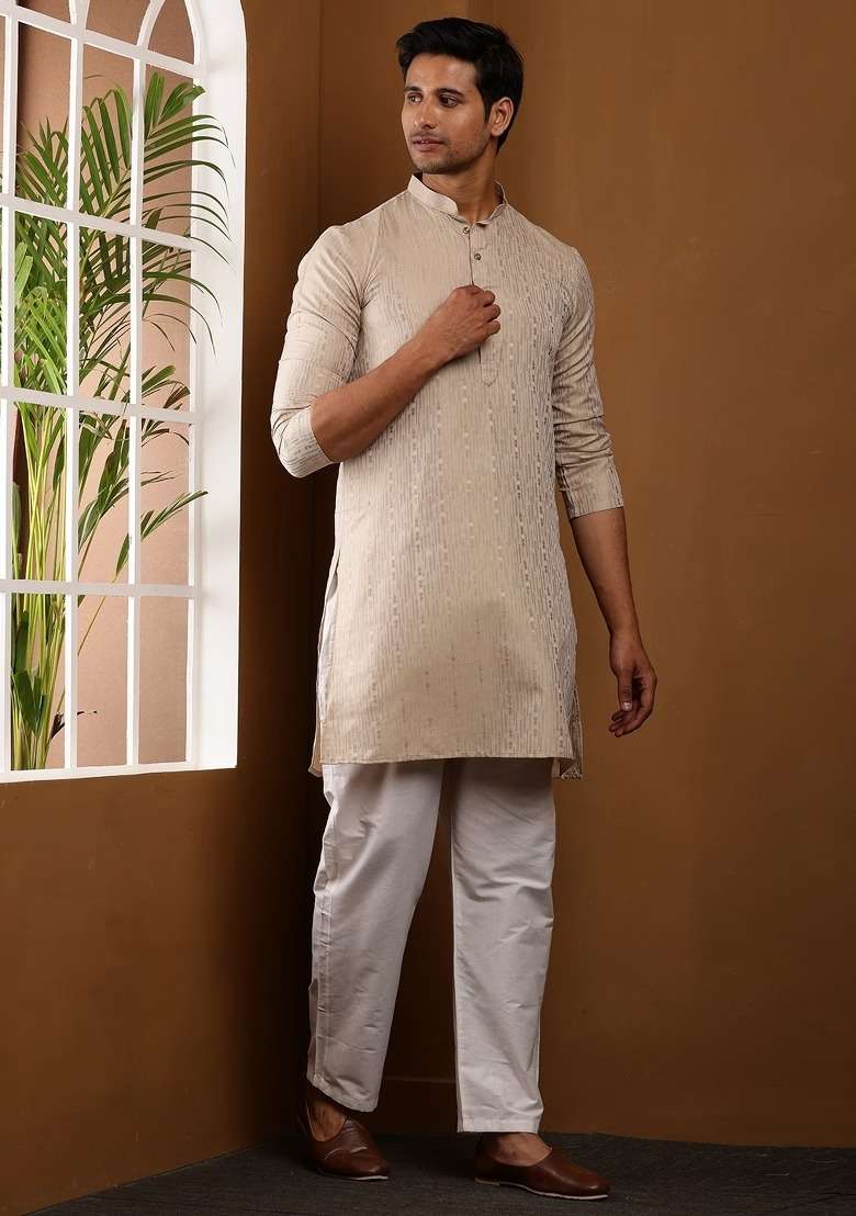 Beige Embroidered Viscose Kurta Set For Men - Indya