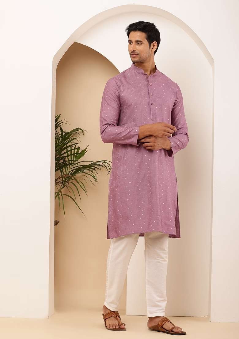Purple Embroidered Viscose Kurta Set For Men - Indya