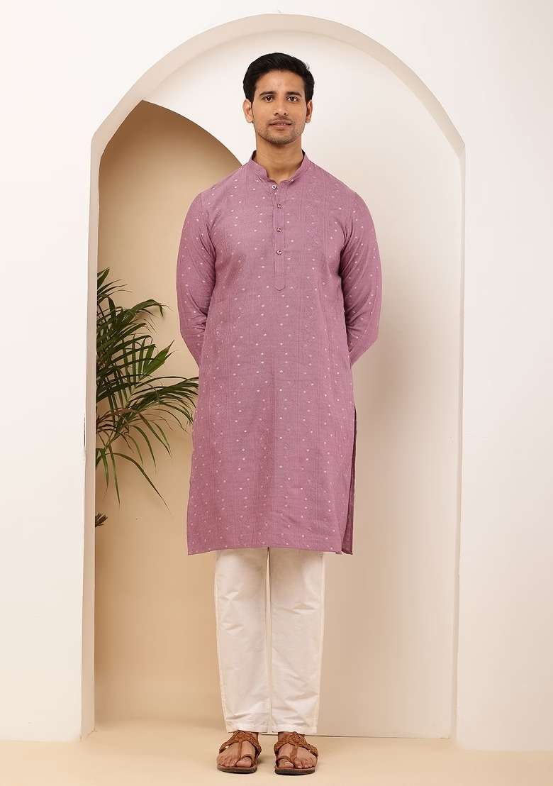 Purple Embroidered Viscose Kurta Set For Men - Indya