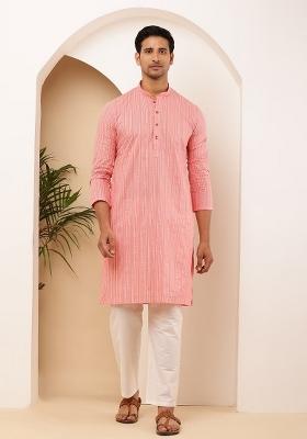 Pink Printed Cotton Kurta Set For Men