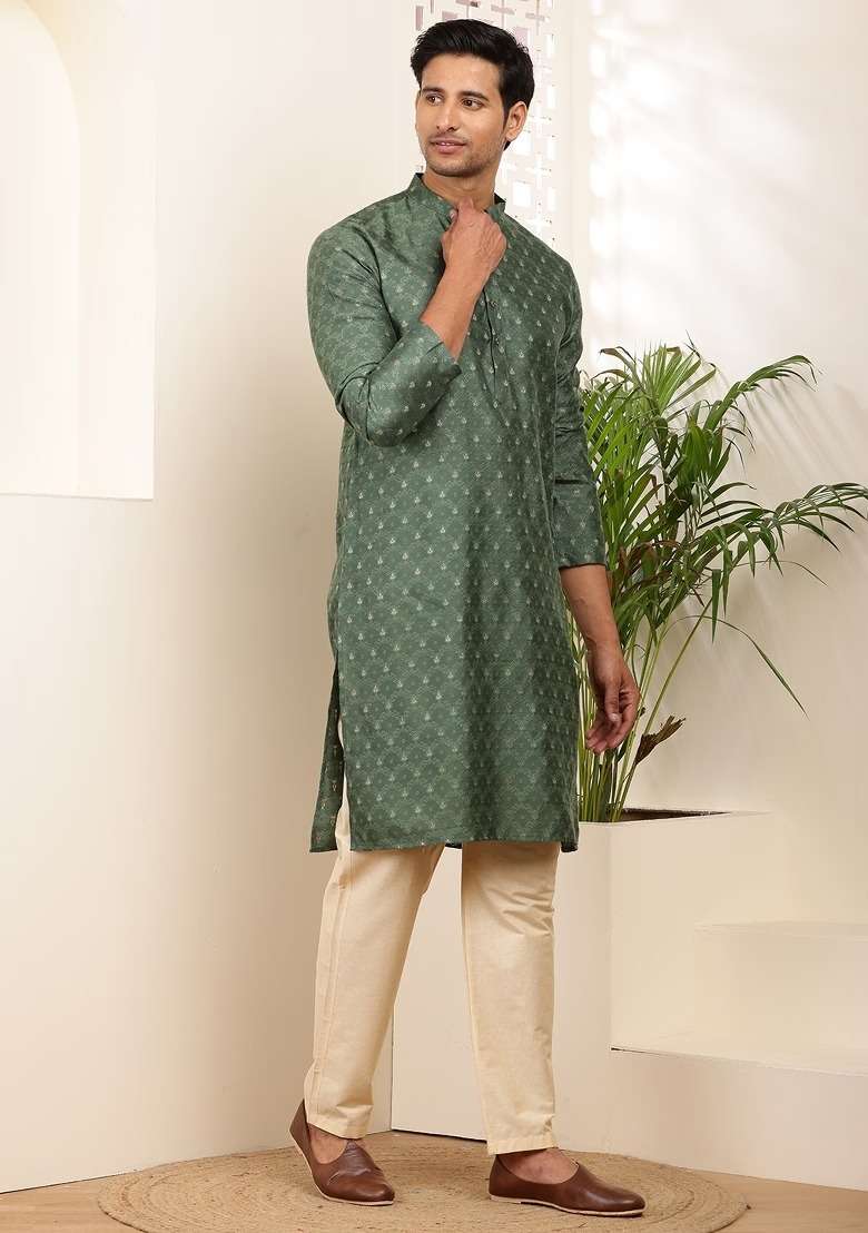 Green Embroidered Viscose Kurta Set For Men - Indya