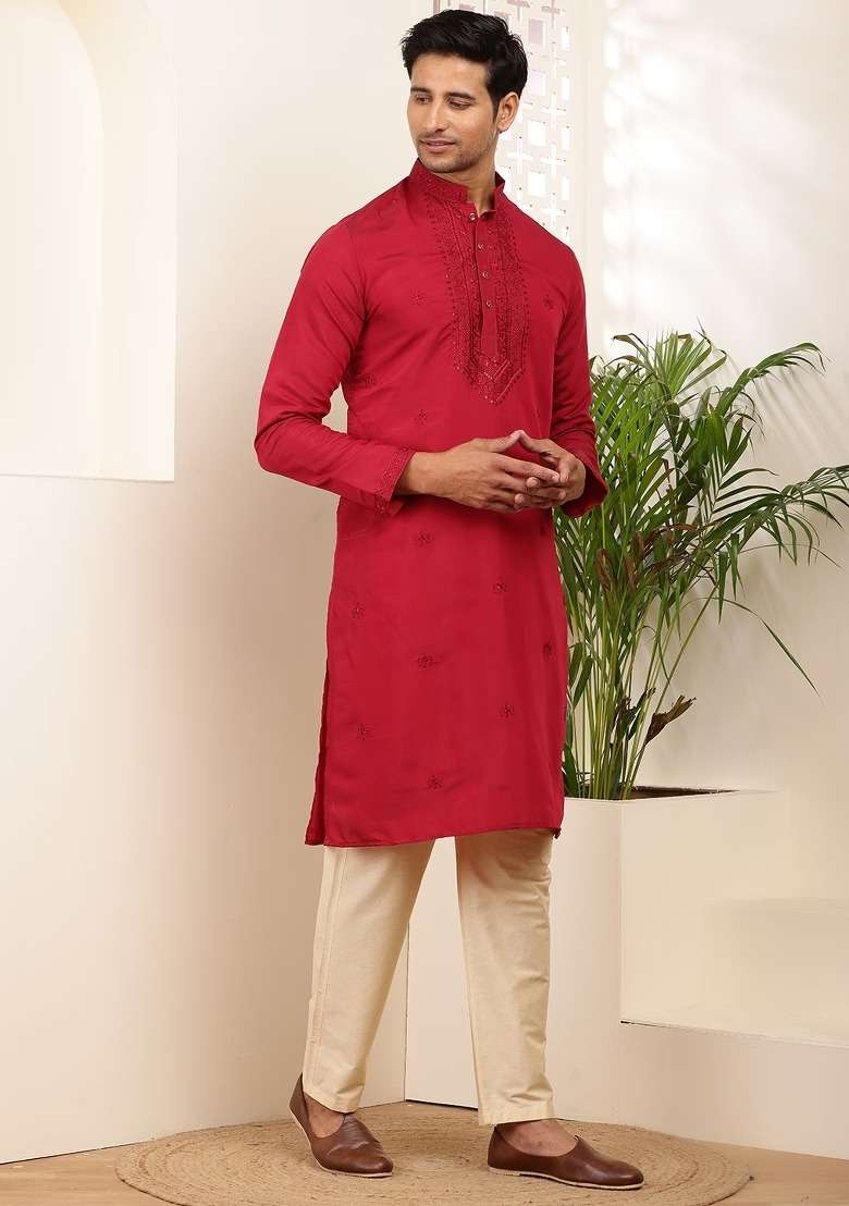 Red Embroidered Viscose Kurta Set For Men - Indya