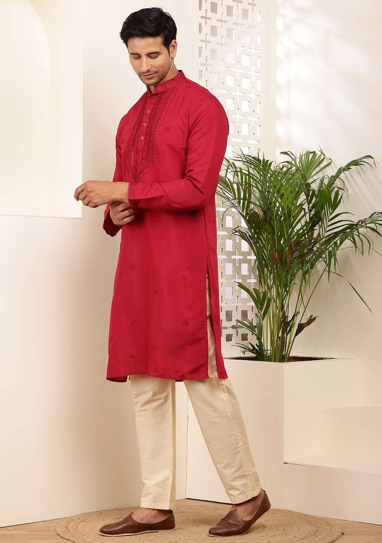 Red Embroidered Viscose Kurta Set For Men - Indya