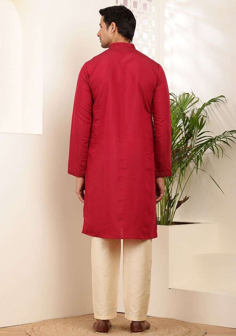 Red Embroidered Viscose Kurta Set For Men - Indya