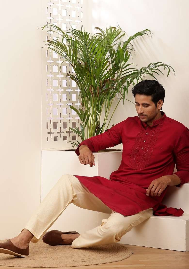 Red Embroidered Viscose Kurta Set For Men - Indya