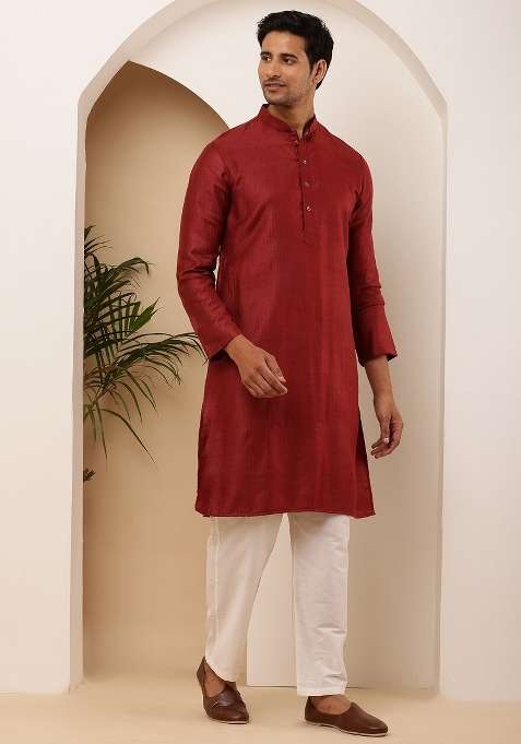 Maroon Textured Viscose Kurta Set For Men