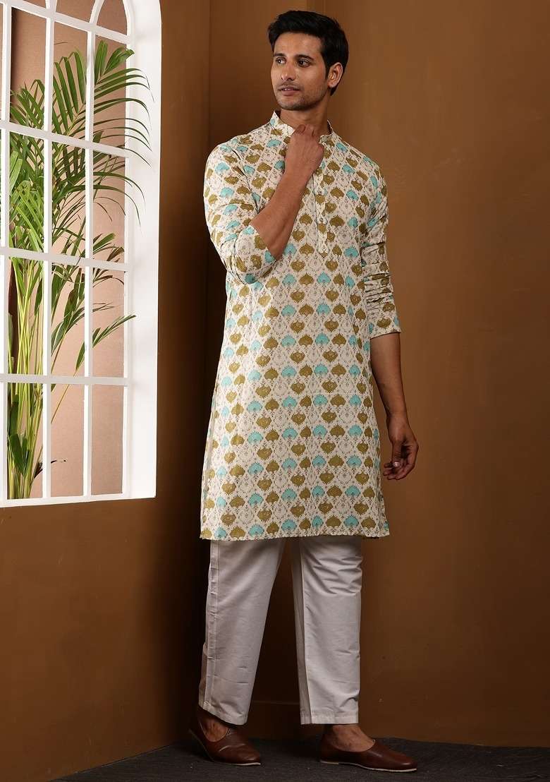Multi Printed Viscose Kurta Set For Men - Indya