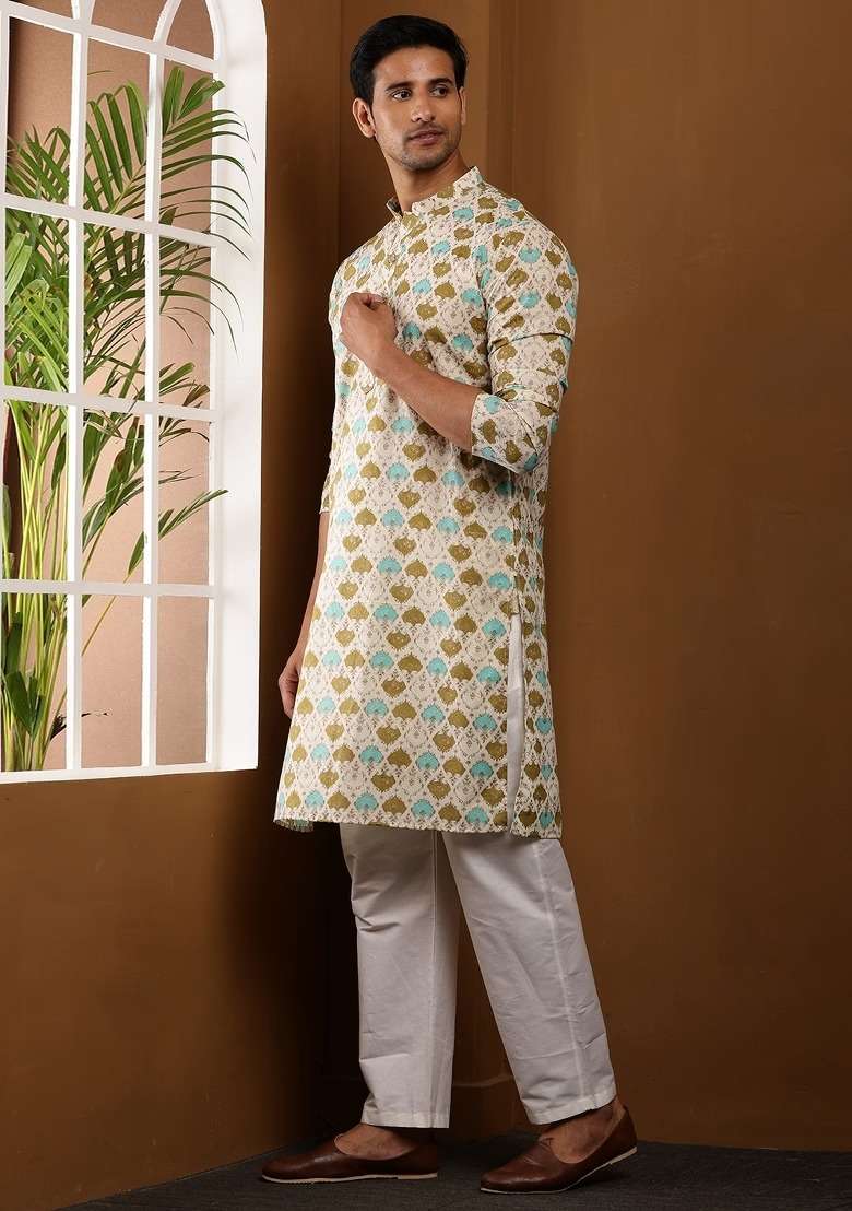 Multi Printed Viscose Kurta Set For Men - Indya